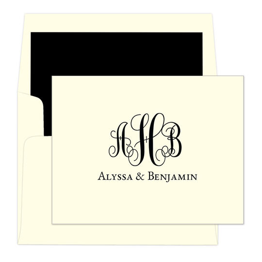 Fancy Script Monogram Folded Note Cards - Raised Ink